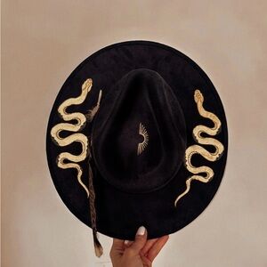 Black Tulum Fedora Hat with Gold Snake Design